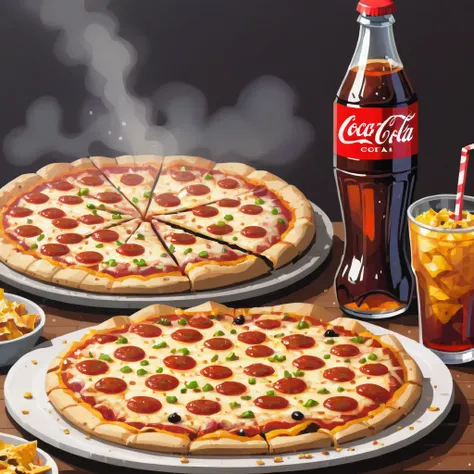 soft drinks advertisement, white lettering, logo text reads "coca cola", on side of a bottle, a steaming hot pizza and a bowl of nachos are visible behind, 