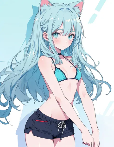 adjusting swimsuit, untied bikini, shorts, ((masterpiece, best quality:1.5)), ((Beautiful detailed cat aqua eyes:1.2)), cat ears, pale skin, small breasts, beautiful hands, beautiful fingers, EasyNegative