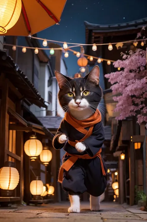 "A hyper-realistic yet Pixar-style cute image of an anthropomorphic cat dressed as a ninja. The cat has a human-like body but retains adorable feline features and soft, expressive fur, wearing a small-sized traditional ninja outfit with a mask and holding ...