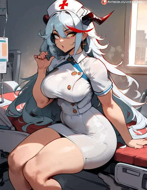 1girl, aegir (azur lane), azur lane  masterpiece, best quality, very aesthetic, absurdres, newest  sportive body,   by nyantcha,,by cutesexyrobutts,by khyle ///// white hair with a single prominent red streak, black horns, yellow eyes,  ,at hospital, white...