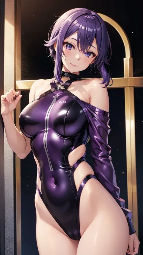 Erotic, off-the-shoulder, shiny purple one-piece swimsuit, seductive, lustful, alluring, black background, smiling, mouth slightly open