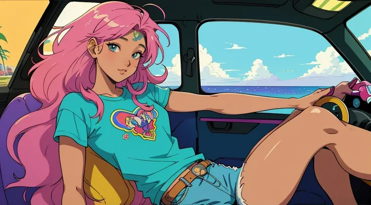 masterpiece, Highest quality, Rainbow Style, anime, Beautiful Asian Girl, tattoo, Sitting in a car, 80s American hippie style, Along the Hawaiian Coast, Cute and dreamy,anime,Illustrator,LOFI Girl, ブルース, 