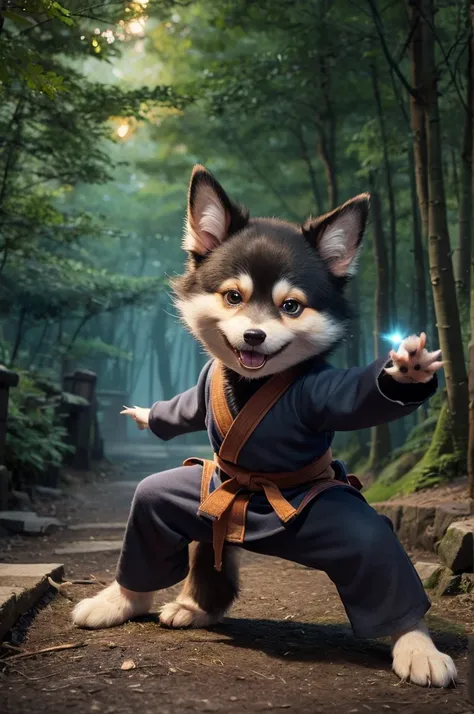 "A hyper-realistic yet Pixar-style cute image of an anthropomorphic dog dressed as a ninja. The dog has a human-like body but retains adorable canine features and fluffy, expressive fur, wearing a small-sized traditional ninja outfit with a mask and holdin...