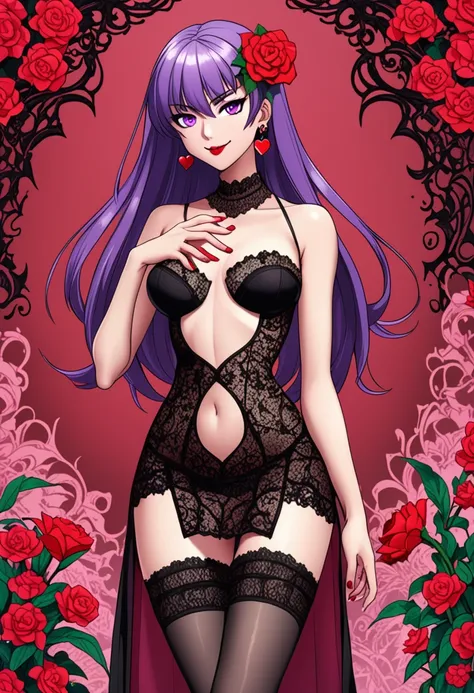 (anime, masterpiece, intricate:1.1), summer aestetic background, comics_darkstalkers_morrigan_aensland, 1girl, Slender hips, slim stomach, thin waist, sexy posing, aesthetically pleasing view, looking at viewer, medium breasts, slim body, violet hair, viol...