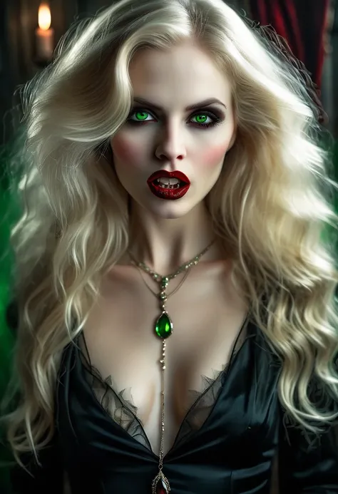 ((a photorealistic portrait of an exquisite, glamour female vampire: 1.5)) , pale face, blond hair, long vibrant shiny hair, glamorous hair, emerald green eyes, deep penetrating eyes, red lips, lustful lips, ((two vampiric fangs: 1.5)), (drops of blood dri...