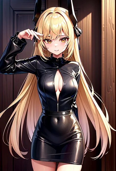 ((masterpiece)), ((best quality)), (ultra-detailed), ((extremely detailed)), 4K, (8K), black skin、Blonde、parted bangs 𝐬𝐡𝐨𝐫𝐭𝐜𝐮𝐭、Hot spring inn、Black leather jacket、Black Shirt、Black Skirt、Gold Bunny Ears