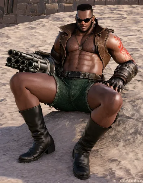 barret, dark skin male with gun arm and tattoo, sunglasses, shirtless , ( Black Thongs ) , full body , black boots , laying spread legs