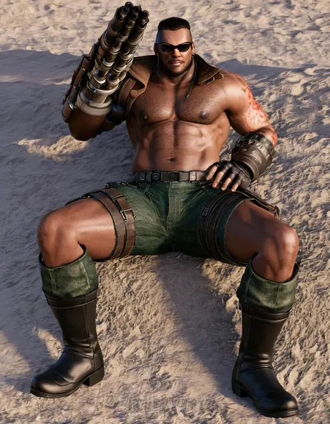 barret, dark skin male with gun arm and tattoo, sunglasses, shirtless , ( Black Thongs ) , full body , black boots , laying spread legs