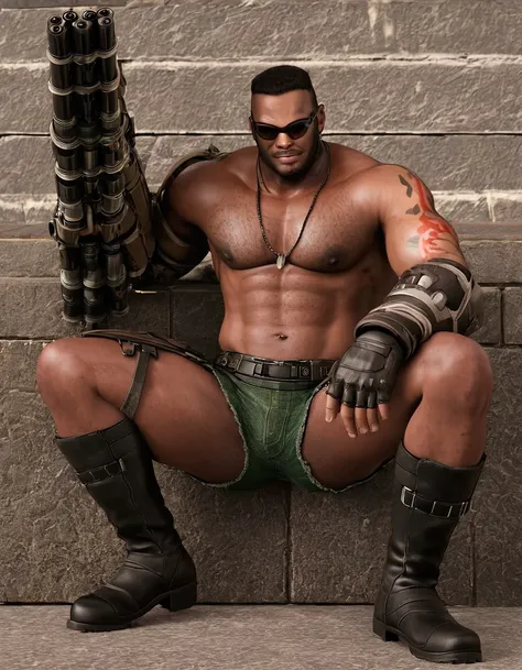 barret, dark skin male with gun arm and tattoo, sunglasses, shirtless , ( Black Thongs ) , full body , black boots , laying spread legs