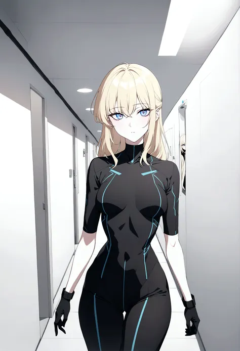 (masterpiece, 32k, 8k, white laboratory corridor setting, character walking towards the viewer) woman, 26 years old, naturally beautiful face, long blonde hair with pink streaks, tight black clothes in cyberpunk style, eyes of different colors, one blue ey...