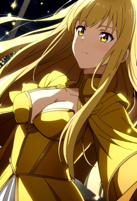 Girl, flowing golden blonde hair, yellow eyes, golden imperial outfit, neckline, anime, the background is a clear sky with twinkling lights, dynamic angle, arrogant laughter