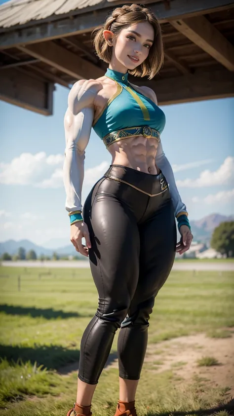 (Muscular:2.1), (thick thighs:2), 
princess_zelda_aiwaifu, (pointy ears), braid, hair ornament, hairclip, fingerless gloves, blue shirt, (halter top), long sleeves, crown braid, bangs, green eyes, parted bangs, short hair, sidelocks, thick eyebrows, (black...