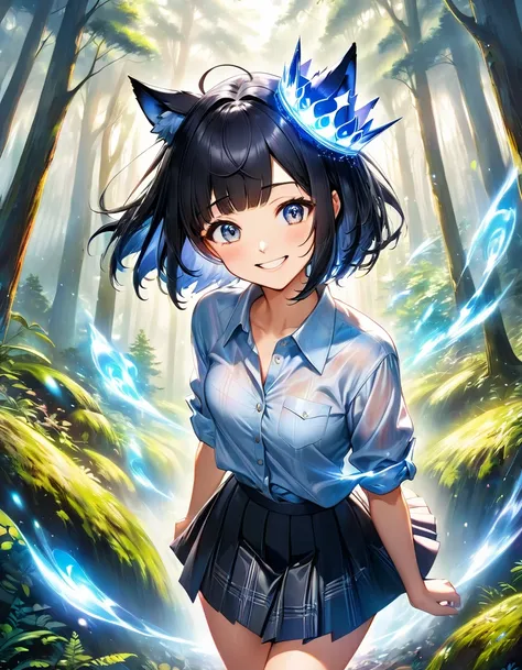 High angle view of an exuberant woman, her bob cut black hair adorned with shiny bangs and eyes sparkling with blue magic, smile revealing the joy of her soul, wearing a flannel shirt and skirt, her head crowned with playful wolf ears, standing amidst an e...