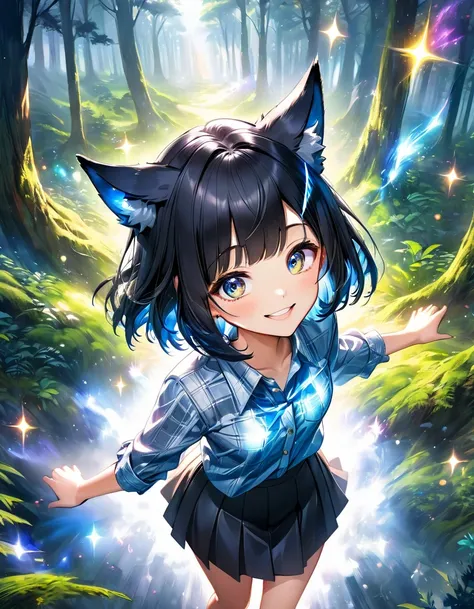 High angle view of an exuberant woman, her bob cut black hair adorned with shiny bangs and eyes sparkling with blue magic, smile revealing the joy of her soul, wearing a flannel shirt and skirt, her head crowned with playful wolf ears, standing amidst an e...