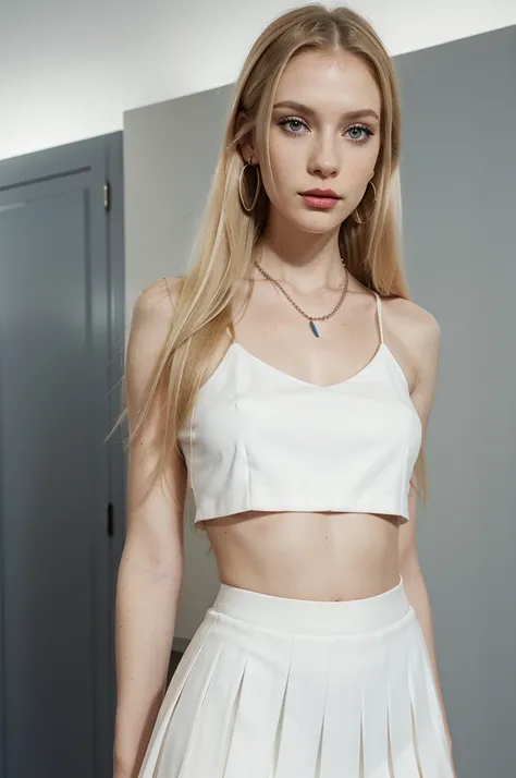 Beautiful skinny girl, elongated face and thin chin, freckles, blonde, blue eyes, bold dark red lipstick and Extra eyeliner and extra eyeshadow, white pale skin, black skirt, top, small nose, huge natural, straight hair with fringe, blonde, long hair, earr...