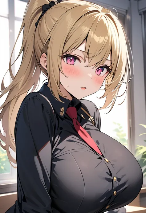 masterpiece、Highest quality、Best image quality、High resolution、Big Breasts、Blonde、Pink Eyes、ponytail、Black Uniform、Unbranded uniform