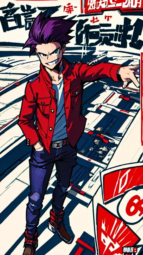 Bad boy, low angle, purple pompadour, red jacket and jeans, looking at camera, smiling, Tokyo city，Pocket Hand