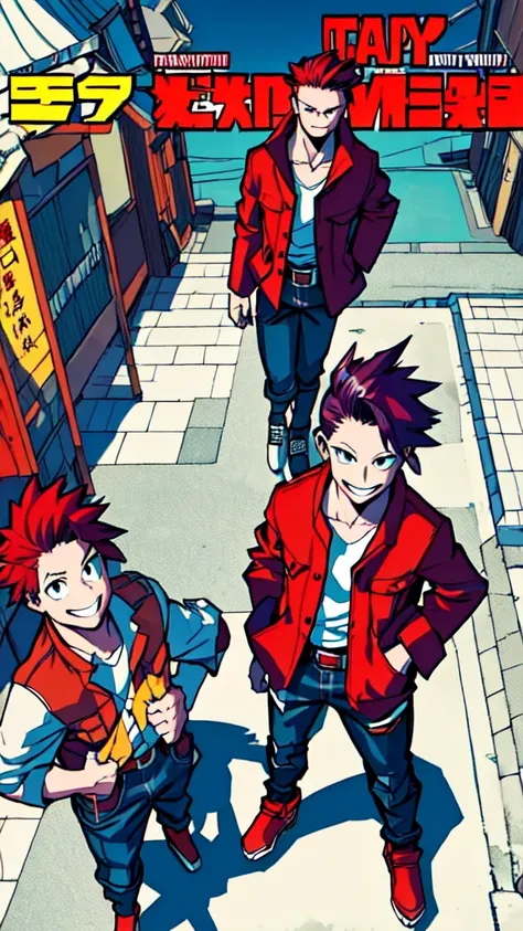 Bad boy, low angle, purple pompadour, red jacket and jeans, looking at camera, smiling, Tokyo city，Pocket Hand