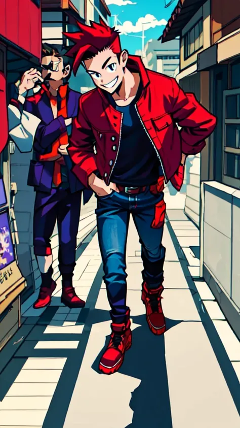 Bad boy, low angle, purple pompadour, red jacket and jeans, looking at camera, smiling, Tokyo city，Pocket Hand