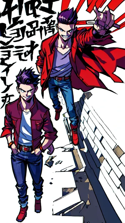 Bad boy, low angle, purple pompadour, red jacket and jeans, looking at camera, smiling, Tokyo city，Pocket Hand