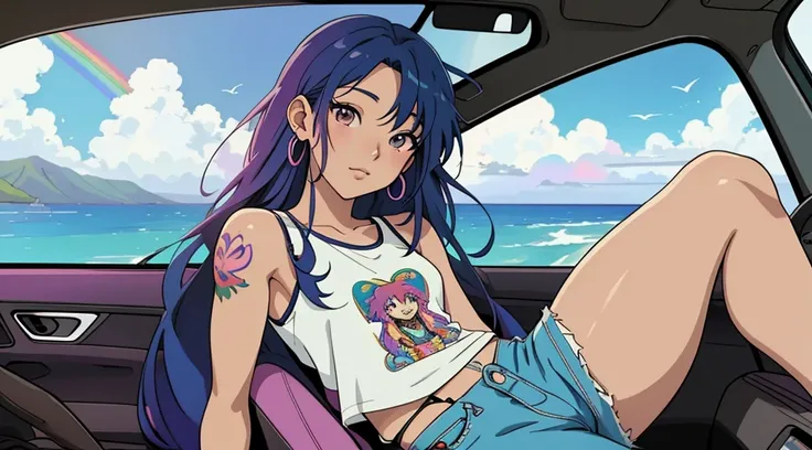 masterpiece, Highest quality, Rainbow Style, anime, Beautiful Asian Girl, tattoo, Sitting in a car,  Along the Hawaiian Coast, Cute and dreamy,anime,Illustrator,LOFI Girl, ブルース,