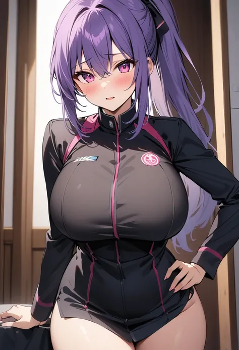 masterpiece、Highest quality、Best image quality、High resolution、Big Breasts、Purple Hair、Pink Eyes、ponytail、Black Uniform、Unbranded uniform