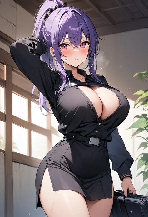 masterpiece、Highest quality、Best image quality、High resolution、Big Breasts、Purple Hair、Pink Eyes、ponytail、Black Uniform、Unbranded uniform