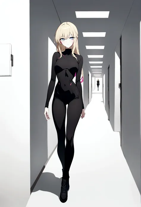 (masterpiece, 32k, 8k, white laboratory corridor setting, character walking towards the viewer) woman, 26 years old, naturally b...