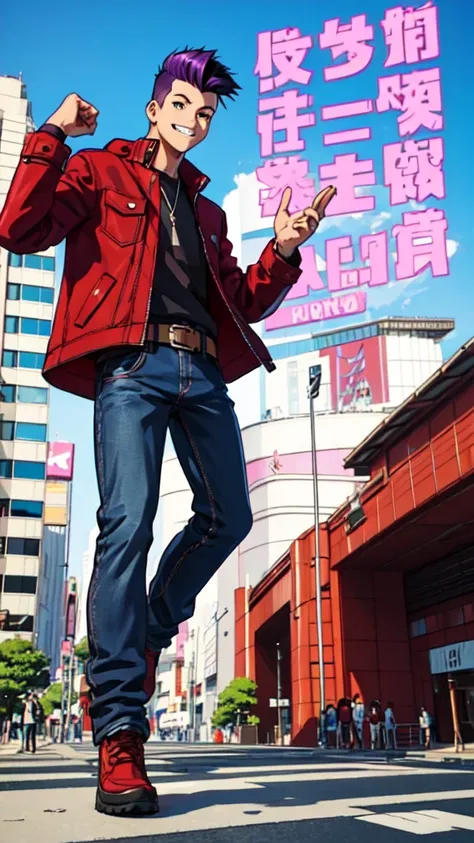 Bad boy, low angle, purple pompadour, red jacket and jeans, looking at camera, smiling, Tokyo city，Pocket Hand