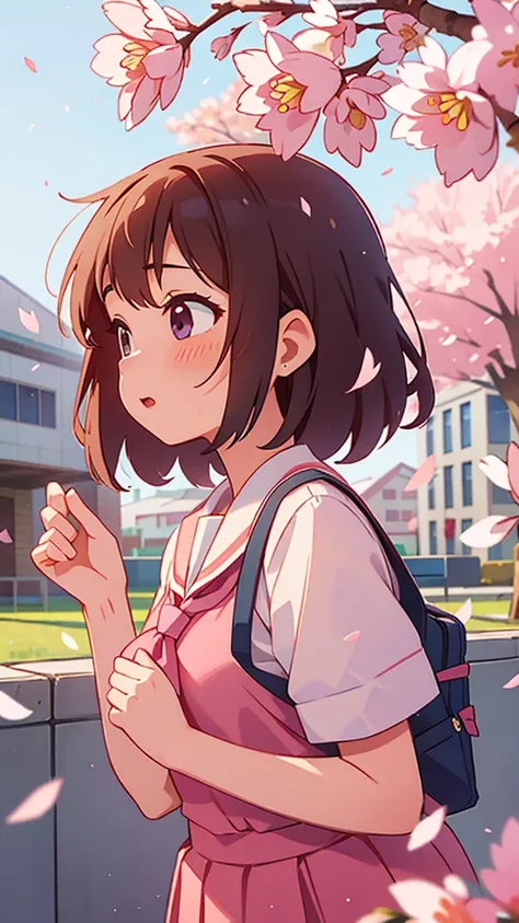 High school girls are excited about the start of a new school term　High school girl, upper body, side profile　The background is a school building with cherry blossom petals falling in the air.　The placement of the high school girls is slightly to the right