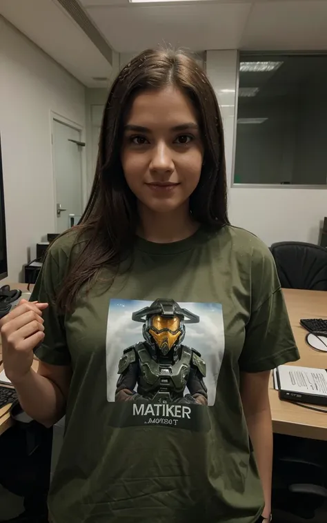 An office worker wearing a shirt with the Halo Master Chief&#39;s helmet, sitting in a chair with your feet on the table with your hands behind your head, digital style