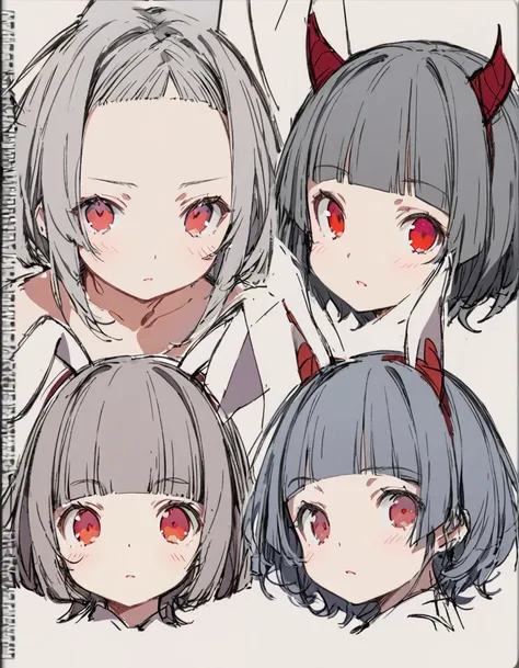 Bunny ears girl(Sketches), (Open Close), (Small body), (Gray Hair:1.5） (Short Hair:1.4), (Red eyes)(Blunt bangs:1.3)Horns from the forehead
