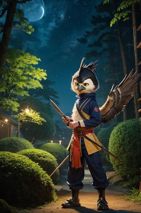 "A hyper-realistic yet Pixar-style cute image of an anthropomorphic hawk dressed as a ninja. The hawk has a human-like body but retains adorable avian features and soft, expressive feathers, wearing a small-sized traditional ninja outfit with a mask and ho...