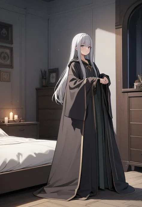 ((masterpiece)), (Highest quality), (Simple style), Silver hair Straight hair Full body Bedroom Wizard