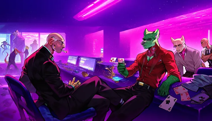 score_9, score_8_up, score_7_up, (cyberpunk city, night room, basement, wall of monitors, lair:1.5),
((mole:1.2),anthro, male, many, others, 2others, gang, sitting, (playing cards:1.2), ((wears smoking, business suit)), mafia boss guards, glasses, scars, b...