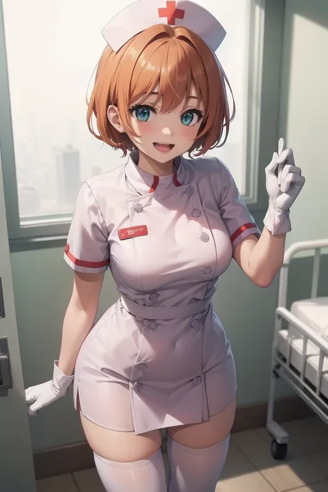 1girl, solo, nurse, nurse cap, white wear, ((white legwear, zettai ryouiki)), white gloves, very short hair, orange hair, smile,...