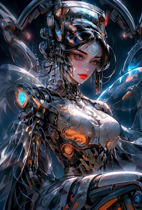 a beautiful woman with flawless skin, sitting on the giant head of a robot, smoking a cigarette, highly detailed face, mesmerizing eyes, elegant lips, long eyelashes, intricate futuristic cyberpunk robot, ornate mechanical details, complex gears and machin...