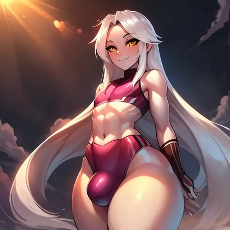 High res, shading, God, white hair, long hair,((pale skin)),golden eyes, heavenly background, sunlight, clouds, sun rays, white thing, ((femboy)), wide hips, massive ass, massive thighs, staring at viewer lovingly, genitalia bulge