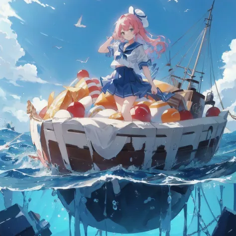 A girl in a sailor suit standing on a giant pudding boat in the middle of the ocean, smile,Seagulls are flying,Anime girl walking on water, Anime Style 4k, Kantai Collection Style, Splash Art Anime Loli, 4KAnime Wallpaper, anime art wallpaper 4k, anime art...