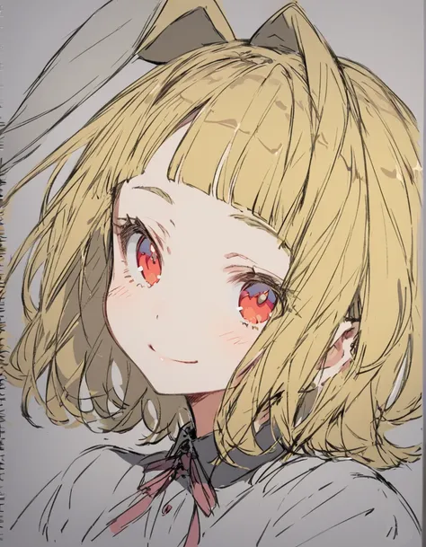 Bunny ears girl(Sketches), (Open Close), (Small body), (Gray Hair:1.5） (Short Hair:1.4), (Red eyes)(Blunt bangs:1.3)Horns from the forehead　smile
