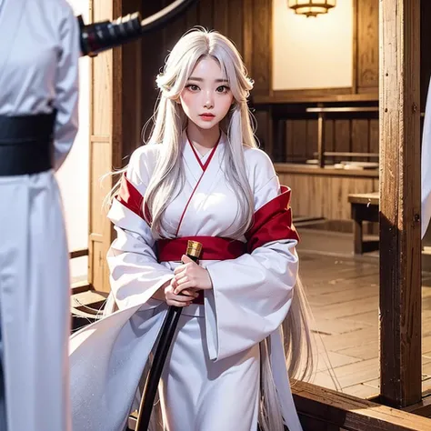 Girl with flowing long white hair, white eyes, in a white kimono, holding a katana