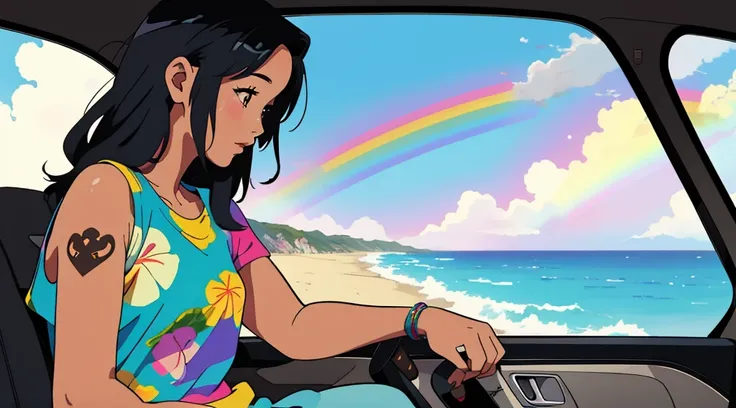 masterpiece, Highest quality, Rainbow Style, anime, Beautiful Asian Girl, tattoo, Sitting in a car, Along the Hawaiian Coast, Cute and dreamy,anime,Illustrator,LOFI Girl, ブルース,