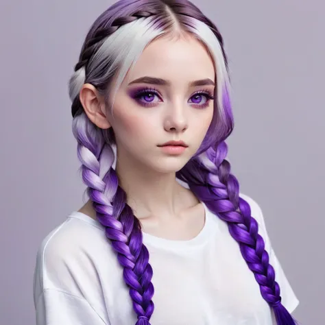 (masterpiece, Highest quality:1.2), One girl, alone，Striped Hair，Long, low twin braids，White purple gradient hair，Purple eyes