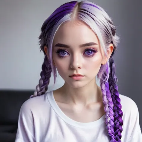 (masterpiece, Highest quality:1.2), One girl, alone，Striped Hair，Long, low twin braids，White purple gradient hair，Purple eyes