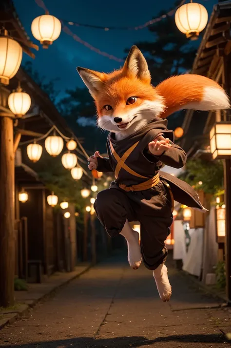 "A hyper-realistic yet Pixar-style cute image of an anthropomorphic fox dressed as a ninja. The fox has a human-like body but retains adorable vulpine features and soft, expressive fur, wearing a small-sized traditional ninja outfit with a mask and holding...