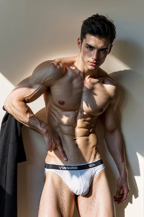 Masterpiece, Best quality, Solo,European Man,Wear glasses,white wall background, skinny boy body, muscle body,sport body, big muscle, Handsome face,Black Hair Color,Natural eyes, athletic physique, slender, no body hair, He was wearing tight White Calvin K...