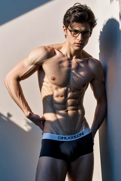 Masterpiece, Best quality, Solo,European Man,Wear glasses,white wall background, skinny boy body, muscle body,sport body, big muscle, Handsome face,Black Hair Color,Natural eyes, athletic physique, slender, no body hair, He was wearing tight White Calvin K...