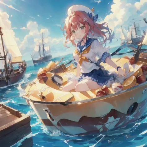 Anime girl sitting on a boat with a pudding floating in the water, smile,Sea of Parfaits, Sailing ships around,Kantai Collection Style, Splash Art Anime Loli, Anime girl walking on water, 4KAnime Wallpaper, Anime Wallpaper, Anime Style 4k, On the Sea, hd A...