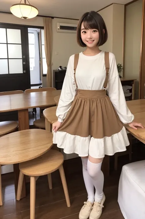 A cute 20-year-old Japanese woman、Beautiful Skin、Beautiful Hair、Short Hair Length、Bob Hair、Brown Hair Color、Beautiful Eyes、Brown Eye Color、A big smile、place：Cute home room、Panda full body costume、Standing posture that reflects the whole body