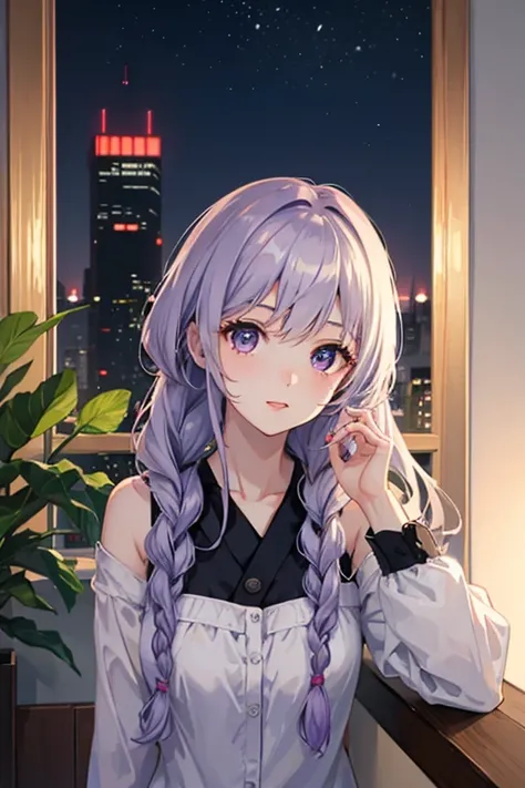 (masterpiece, Highest quality:1.2), One girl, alone，Striped Hair，Long, low twin braids，White purple gradient hair，Purple eyes